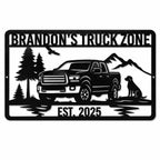 Personalized truck metal sign with pickup truck, mountain, dog and forest design on a clean white background.