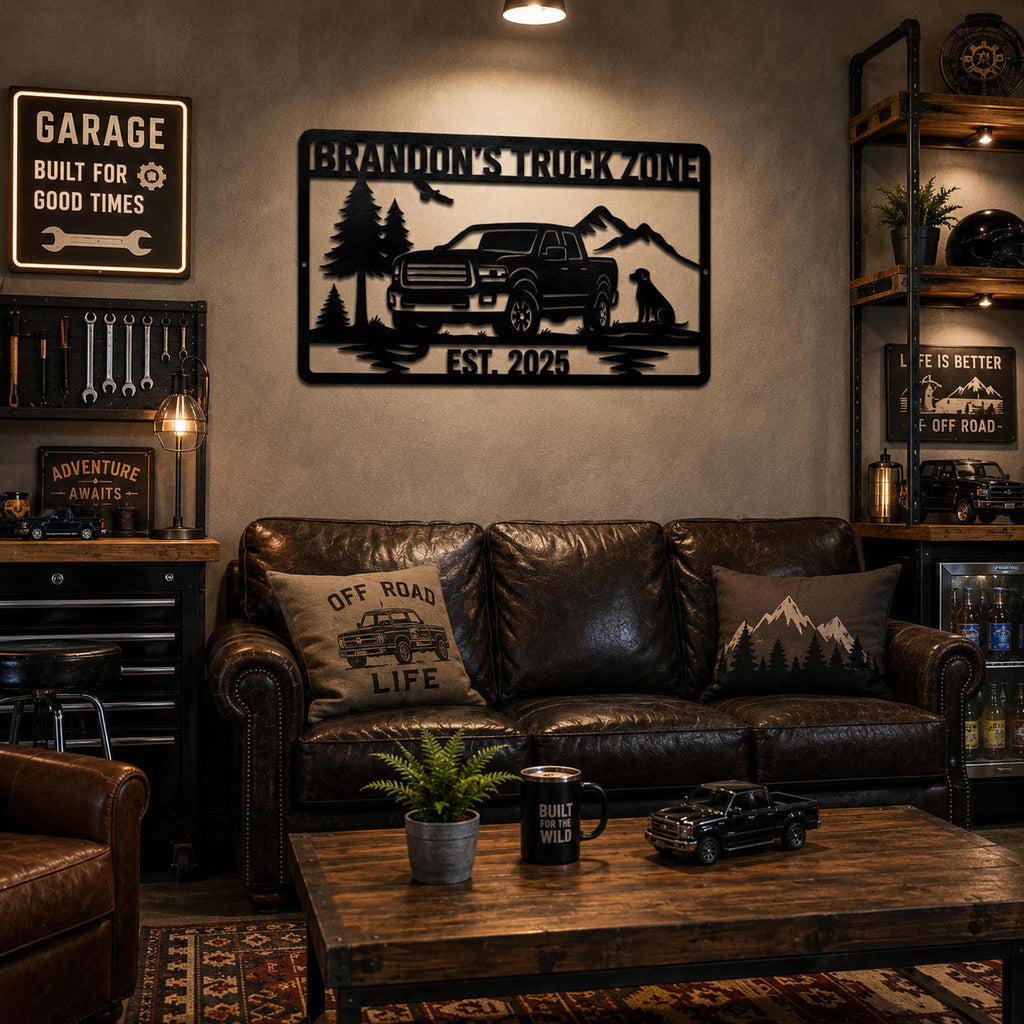Custom truck themed metal sign hanging in a stylish man cave with automotive decor and industrial wall design.