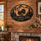 Custom turkey family metal wall decor displayed above a rustic stone fireplace in a cozy cabin interior.