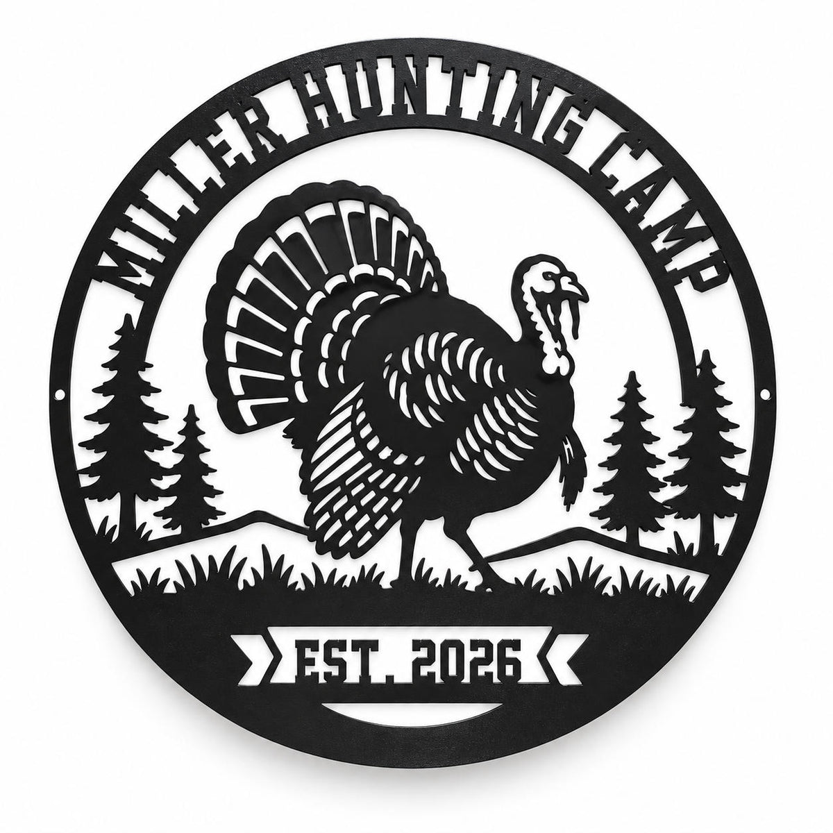 Personalized black metal turkey hunting camp sign with custom camp name and established year. Main image