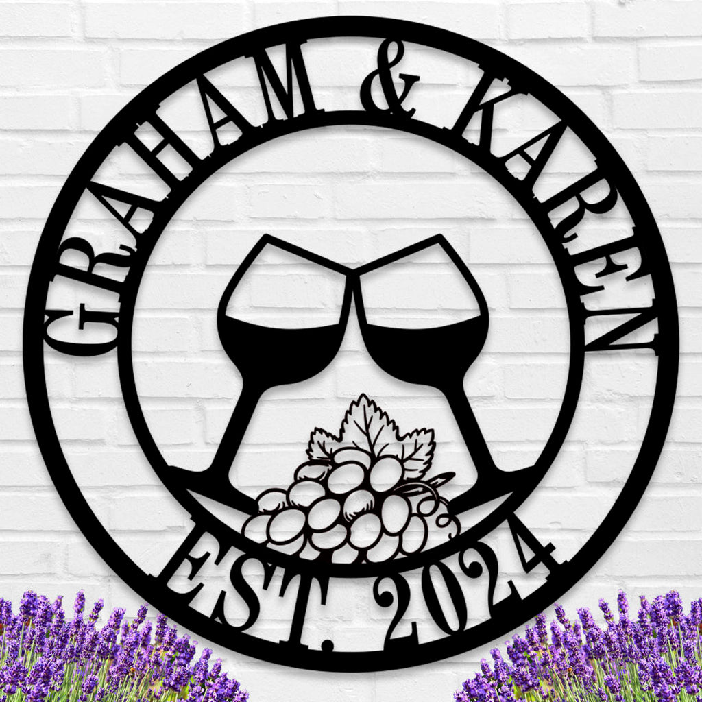 Personalized wine glass metal sign with grapes design, custom names, and date, laser-cut from premium steel with powder-coat finish.