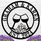 Personalized wine glass metal sign with grapes design, custom names, and date, laser-cut from premium steel with powder-coat finish.