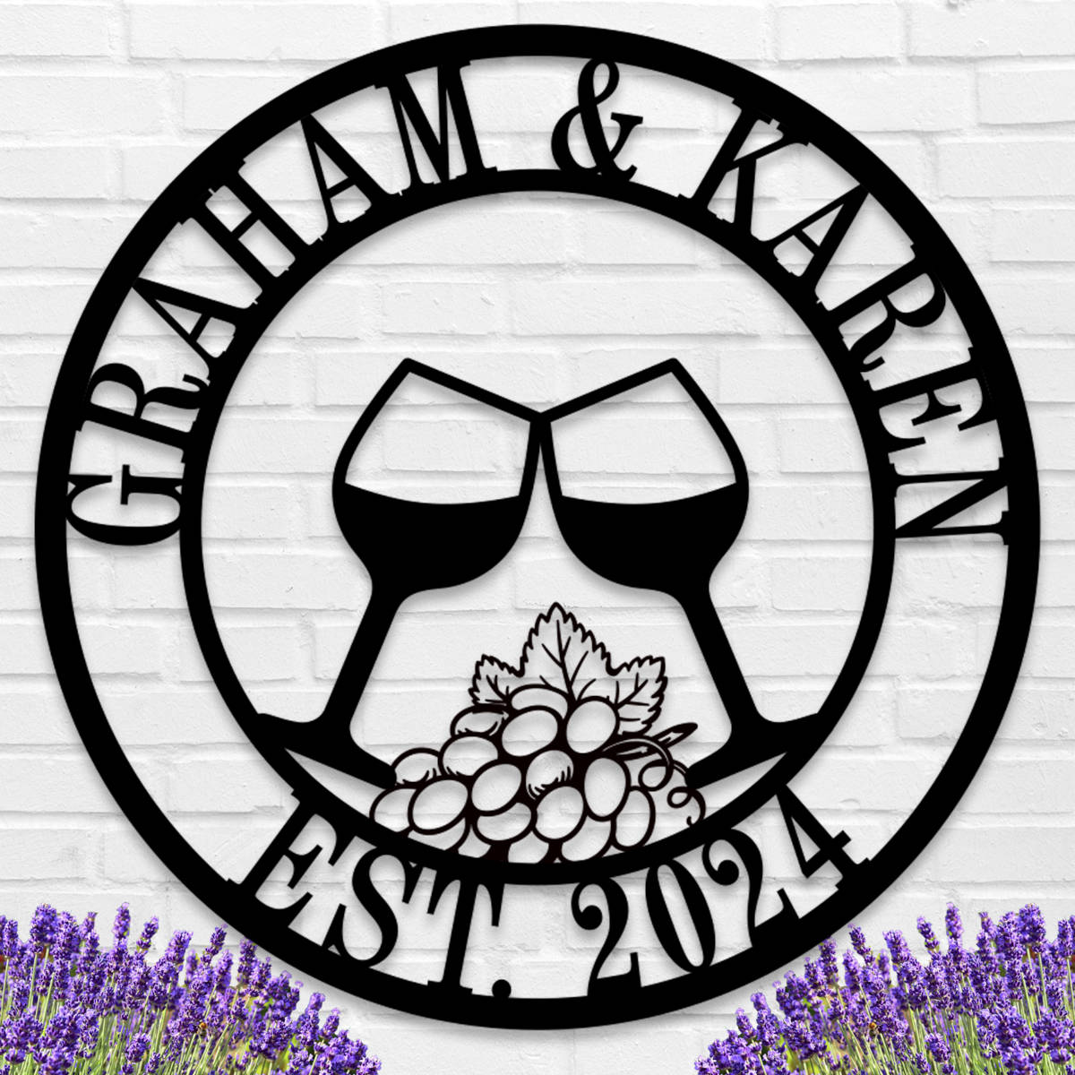 Personalized wine glass metal sign with grapes design, custom names, and date, laser-cut from premium steel with powder-coat finish.
