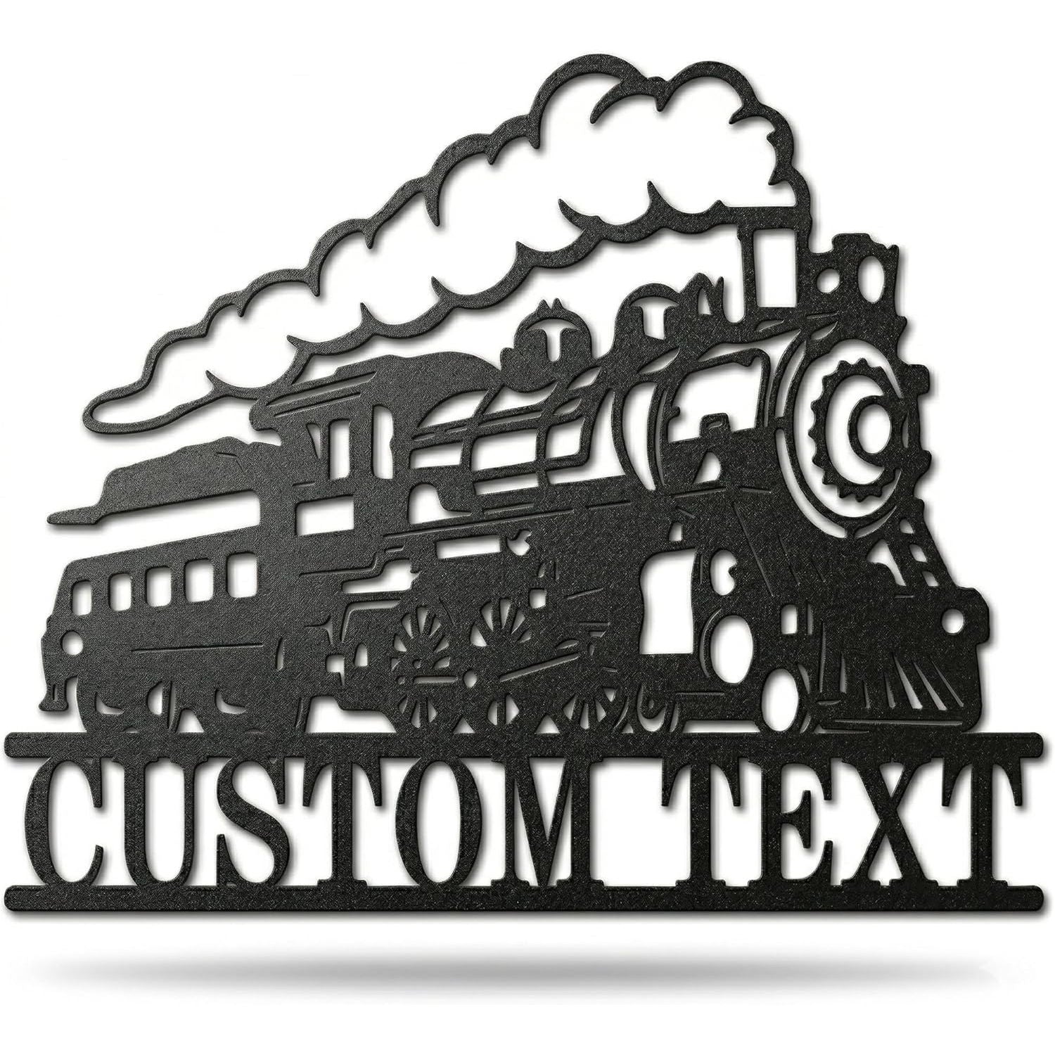 Customizable laser-cut metal steam locomotive wall sign, featuring a detailed engine and train car silhouette with custom cut-out text "THE MILLER LINE" on a pure white background. Main image