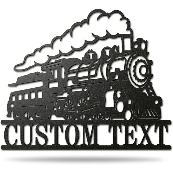 Customizable laser-cut metal steam locomotive wall sign, featuring a detailed engine and train car silhouette with custom cut-out text "THE MILLER LINE" on a pure white background.