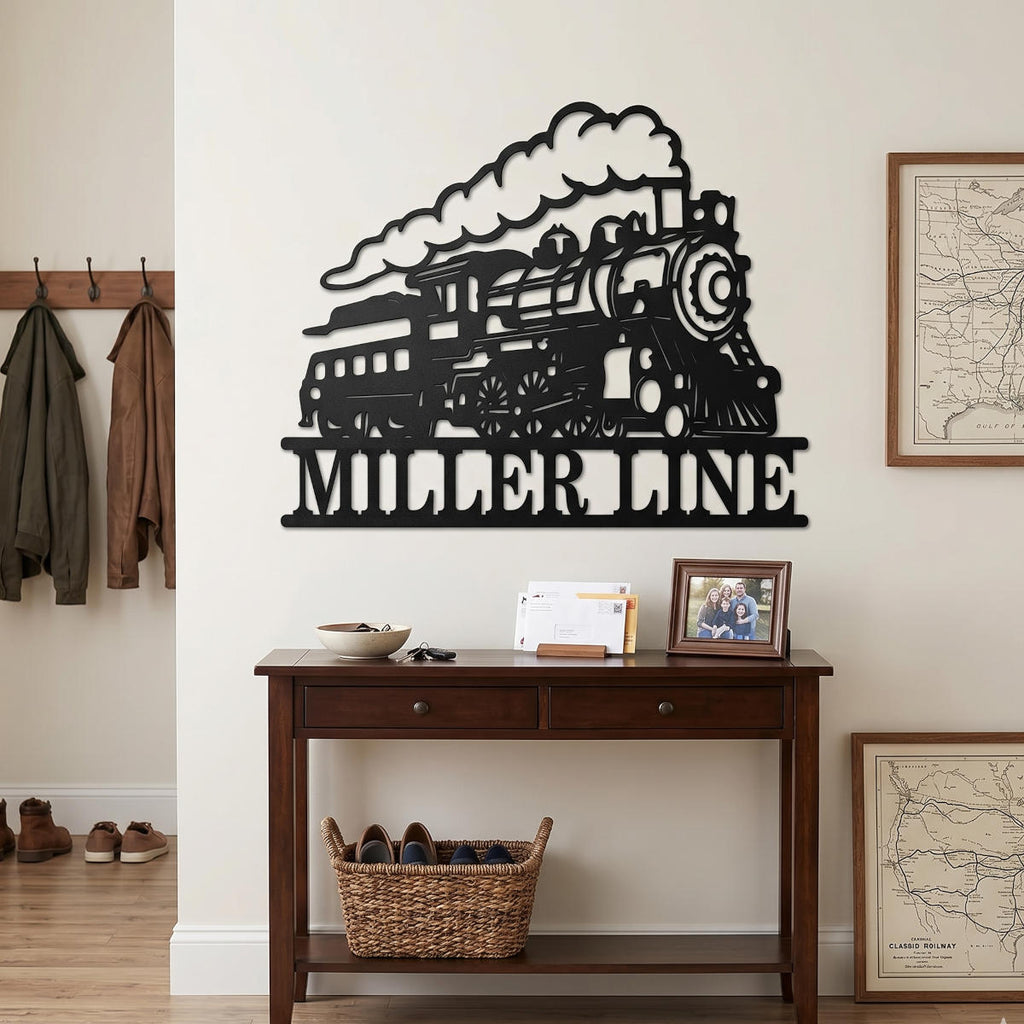 Customizable laser-cut metal steam locomotive wall sign, featuring a detailed engine and train car silhouette with custom cut-out text "THE MILLER LINE" on a pure white background.