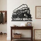 Customizable laser-cut metal steam locomotive wall sign, featuring a detailed engine and train car silhouette with custom cut-out text "THE MILLER LINE" on a pure white background.