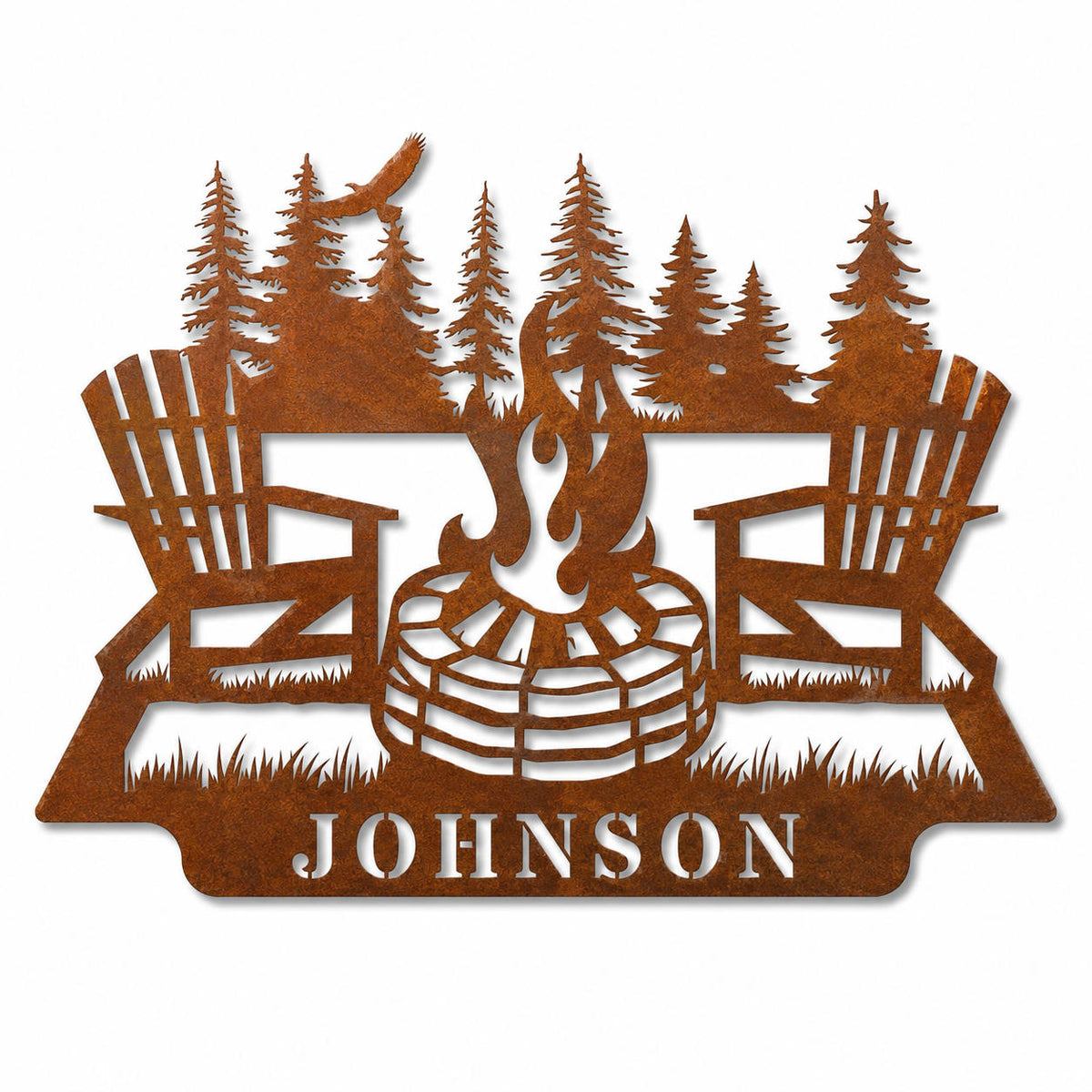 Custom weathering steel campfire sign with Adirondack chairs and personalized family name for cabin and lake house decor Main image