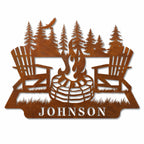 Custom weathering steel campfire sign with Adirondack chairs and personalized family name for cabin and lake house decor