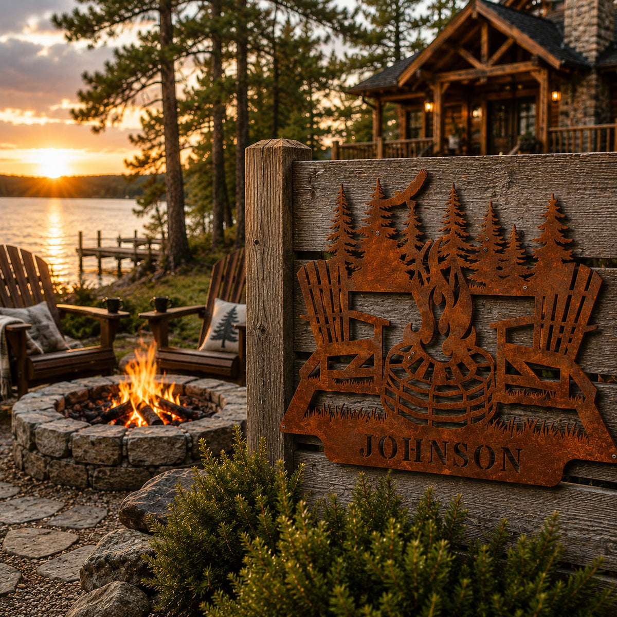 Custom weathering steel campfire sign for lake house with Adirondack chairs and personalized family name