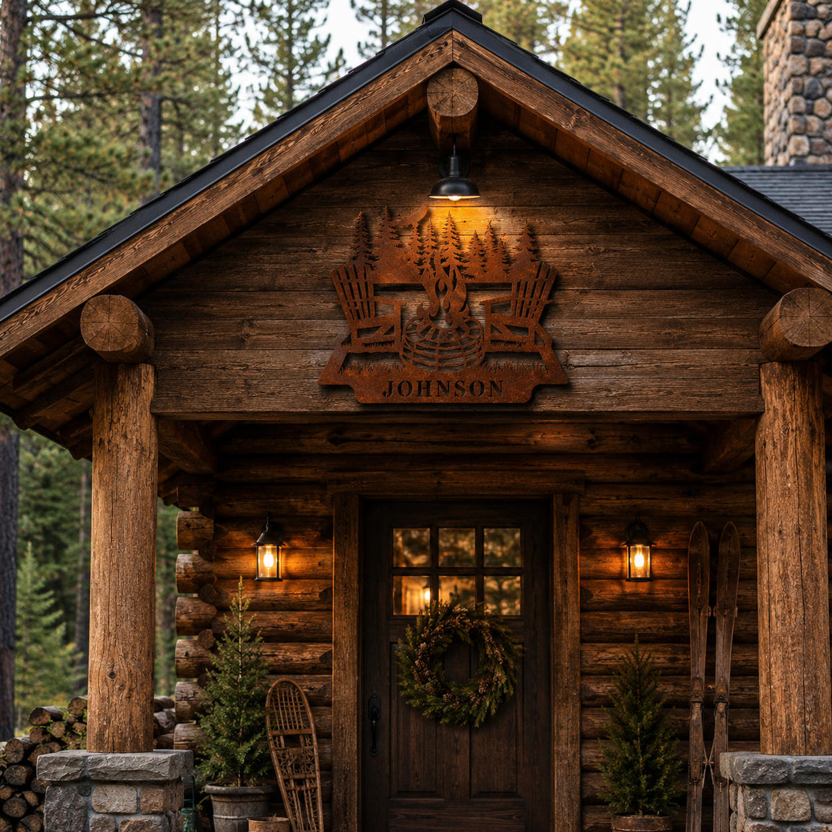Personalized rustic cabin sign made from weathering steel mounted above a woodland cabin entrance