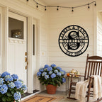Personalized family initial metal sign with names and EST year – laser-cut steel wall art with scroll design, custom-made for weddings, anniversaries, or home décor