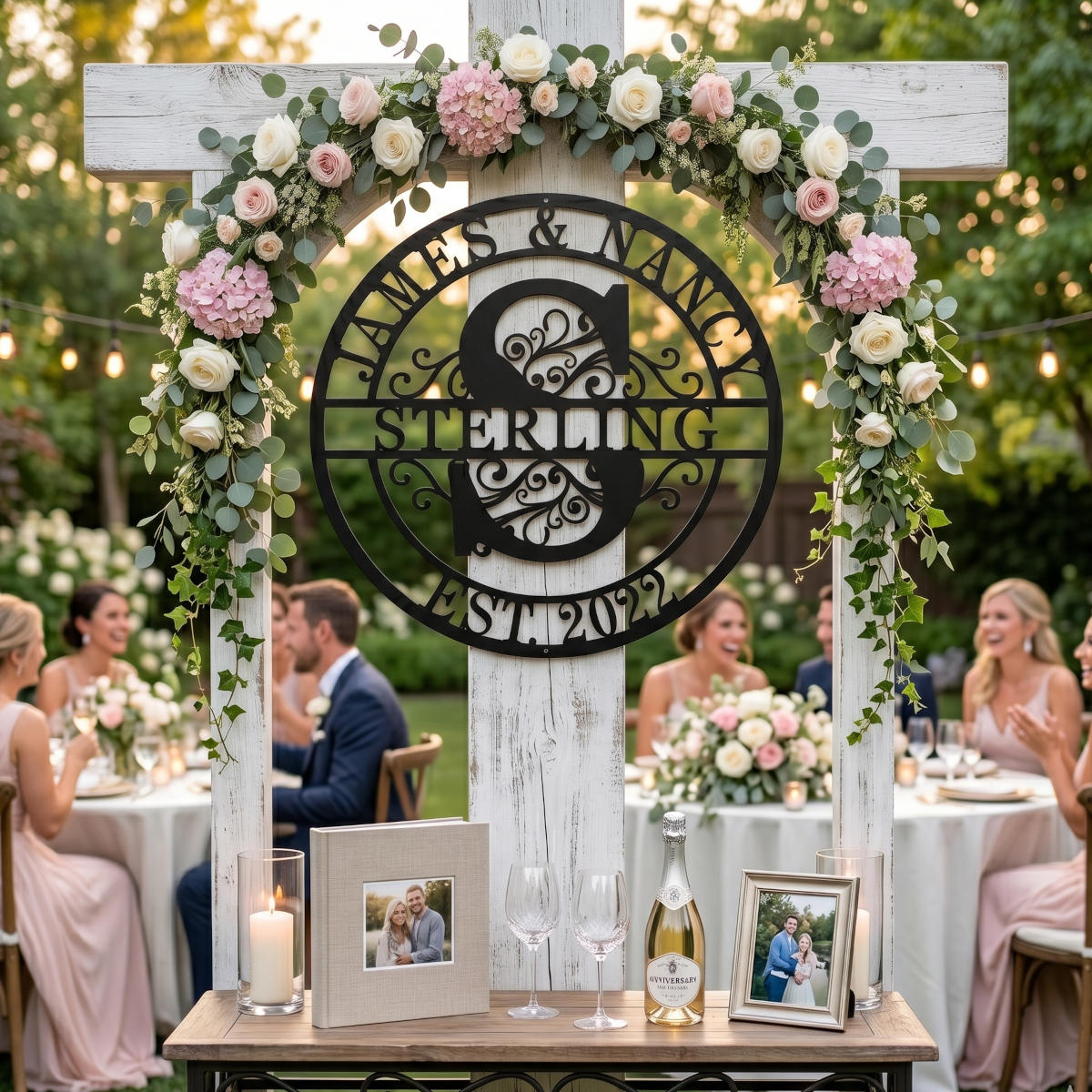 Personalized family initial metal sign with names and EST year – laser-cut steel wall art with scroll design, custom-made for weddings, anniversaries, or home décor