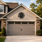 Custom Welcome To Garage Metal Sign Mounted Above Garage Door on Modern American Home