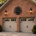 Personalized Welcome To Garage Metal Sign Displayed on Red Brick Garage Wall
