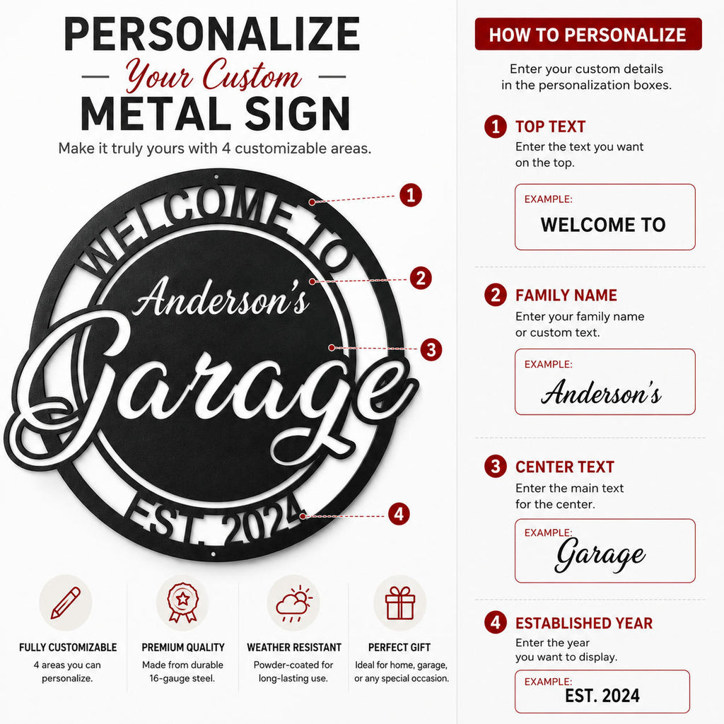 Custom Welcome To Garage Metal Sign Personalization Guide with Name Text and Year Options