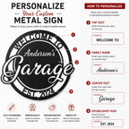 Custom Welcome To Garage Metal Sign Personalization Guide with Name Text and Year Options