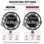 Custom Garage Metal Sign Mounting Options No Holes and Top Bottom Holes Comparison