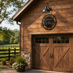 Custom Garage Metal Sign Installed on Rustic Farmhouse Garage Exterior