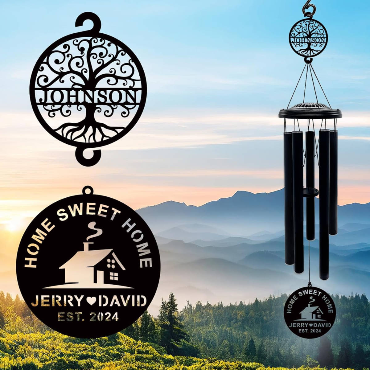 Custom metal wind chime with tree and home design – personalized outdoor decor Main image