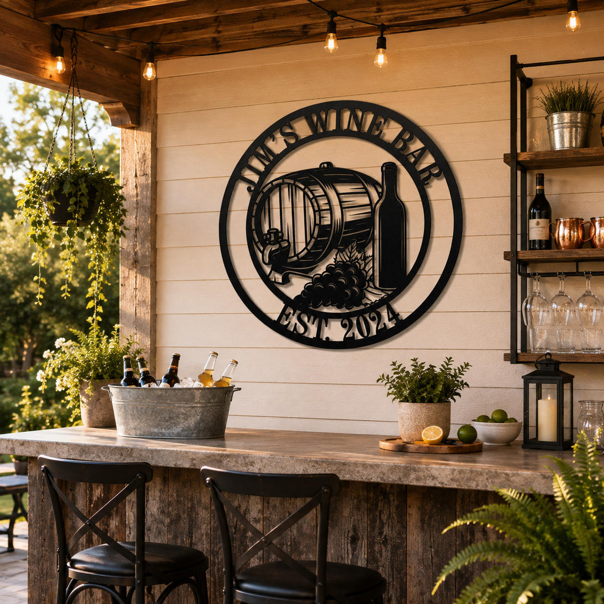 Personalized round winery metal sign displayed in a rustic vineyard tasting room with wine bottles and warm natural light.