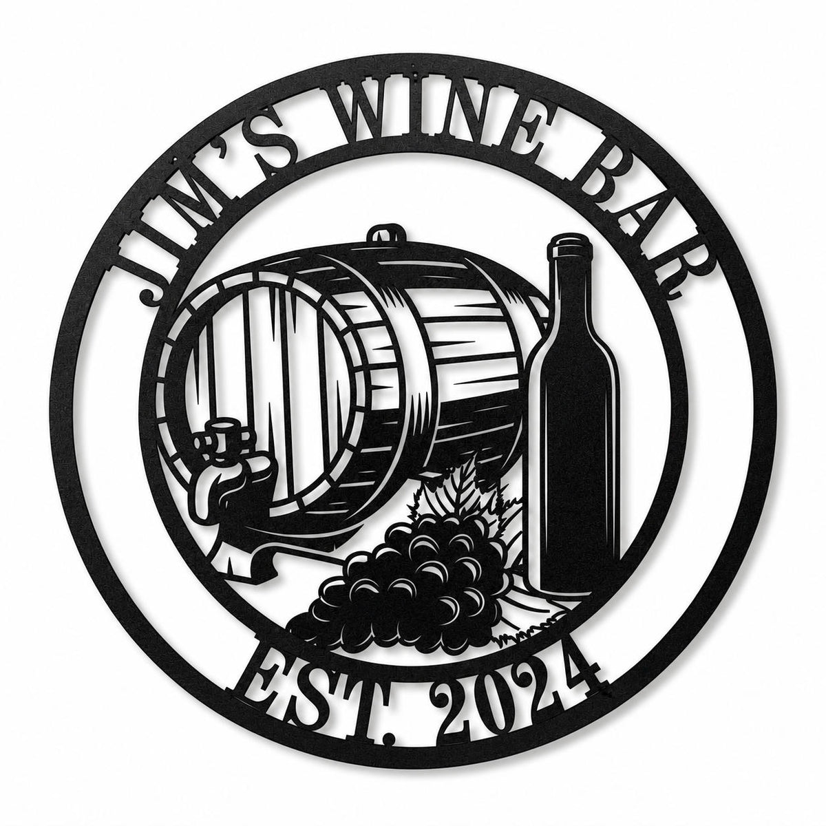 Custom Jim's Wine Bar round black metal sign featuring a wine barrel, bottle, grapes, and Est. 2024 personalization. Main image