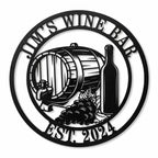 Custom Jim's Wine Bar round black metal sign featuring a wine barrel, bottle, grapes, and Est. 2024 personalization.