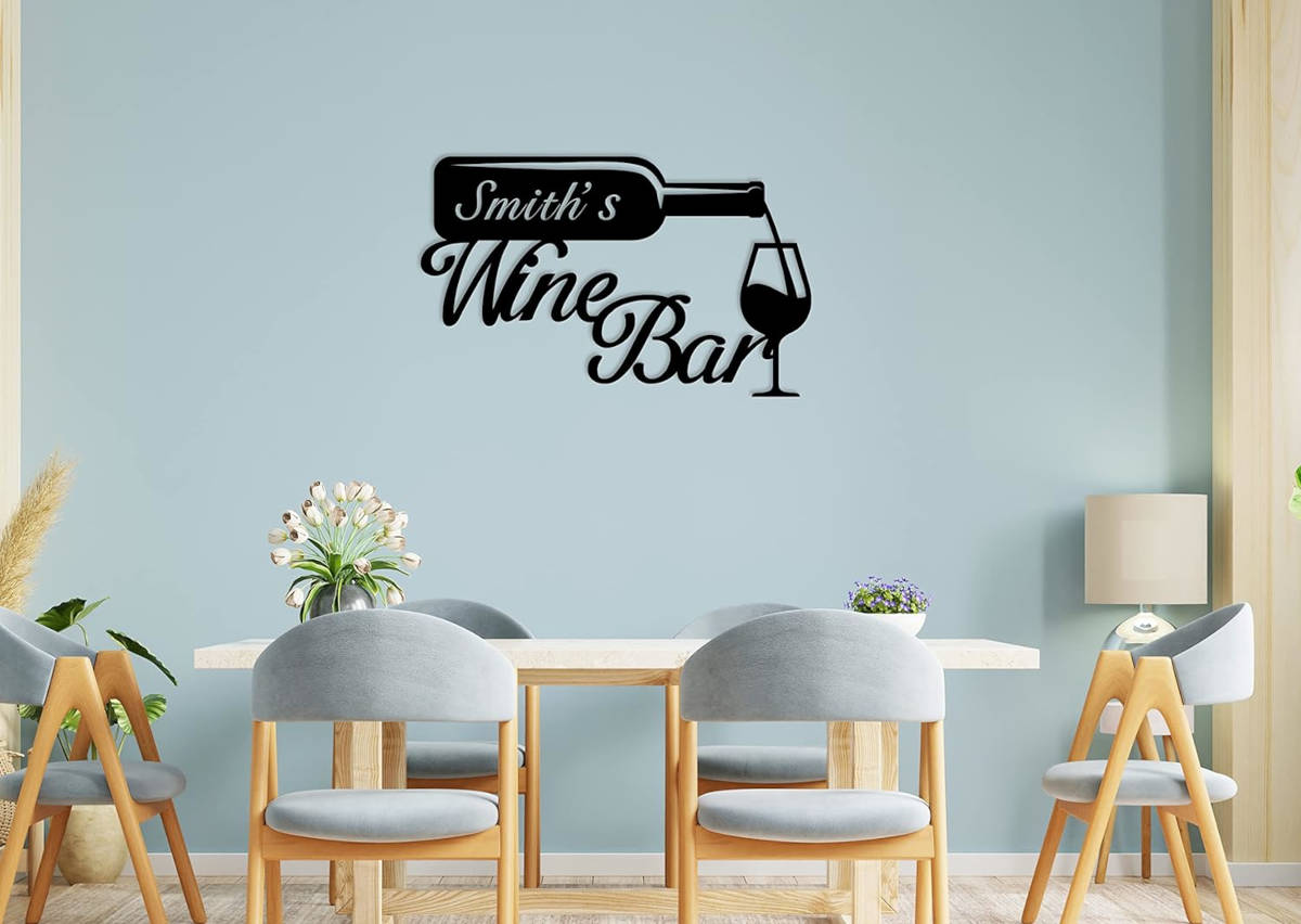 Custom metal wine bar sign with bottle and glass design, personalized wall decor made from powder-coated laser-cut steel
