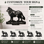Personalization guide showing custom top and bottom text options for a wolf metal sign.