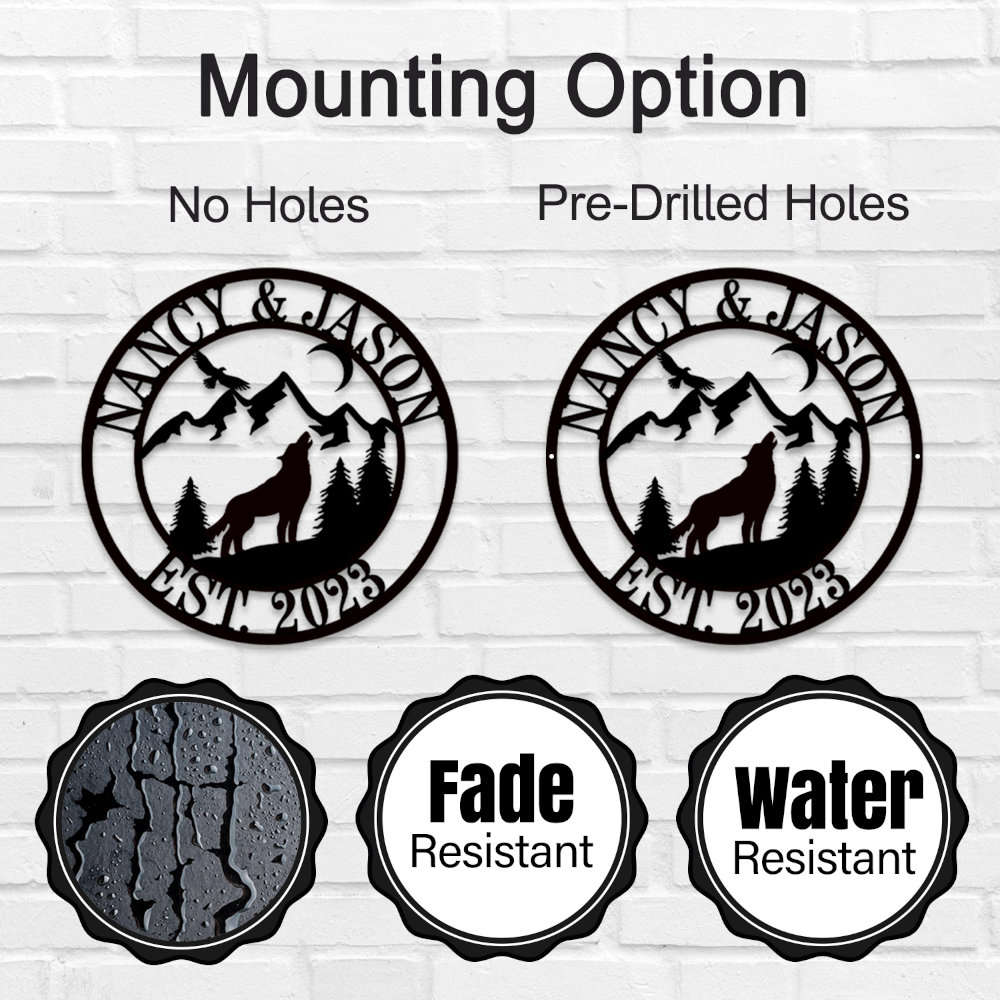 Custom howling wolf metal sign with forest, mountains, and personalized names – rustic family wall décor made from laser-cut steel