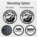 Custom howling wolf metal sign with forest, mountains, and personalized names – rustic family wall décor made from laser-cut steel