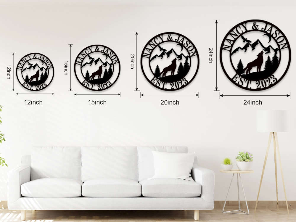 Custom howling wolf metal sign with forest, mountains, and personalized names – rustic family wall décor made from laser-cut steel