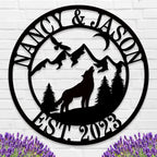 Custom howling wolf metal sign with forest, mountains, and personalized names – rustic family wall décor made from laser-cut steel