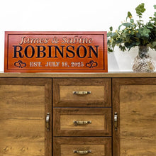 Engraved wooden name sign made from pine, featuring custom names and dates. Single-color finish with heart design. Great gift for weddings or anniversaries.