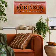 Engraved wooden name sign made from pine, featuring custom names and dates. Single-color finish with heart design. Great gift for weddings or anniversaries.