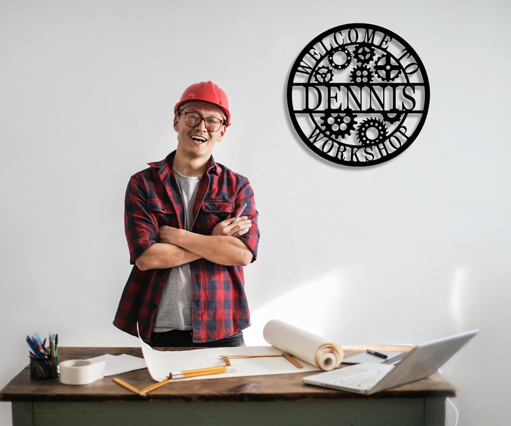 Round custom laser-cut metal sign with gear design and personalized name for workshop or garage wall decor