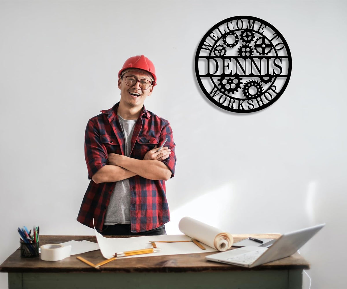 Round custom laser-cut metal sign with gear design and personalized name for workshop or garage wall decor