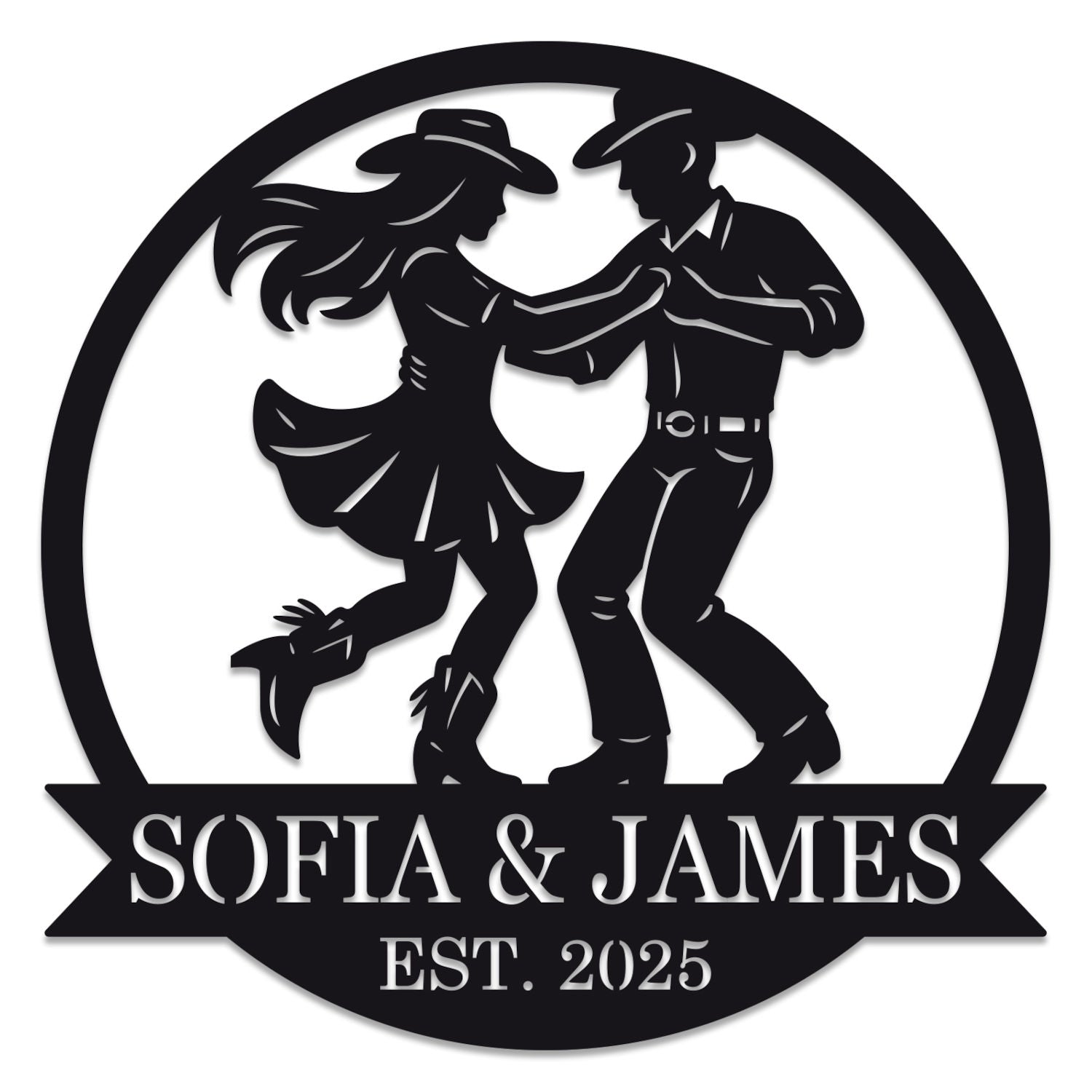 Custom metal wall art featuring a cowboy and cowgirl dancing, personalized with names and date, laser-cut from premium steel with powder-coated finish. Main image