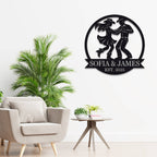 Custom metal wall art featuring a cowboy and cowgirl dancing, personalized with names and date, laser-cut from premium steel with powder-coated finish.