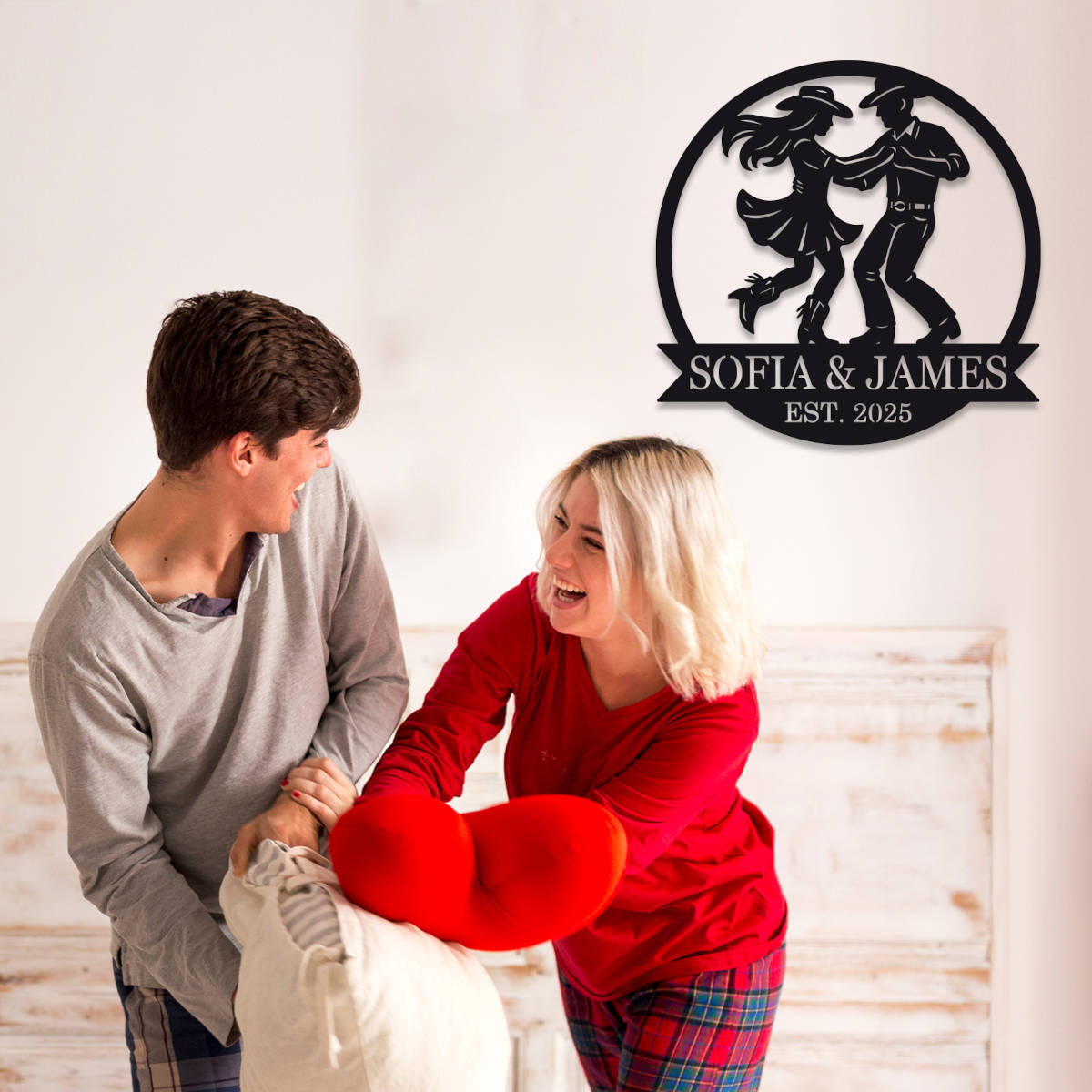 Custom metal wall art featuring a cowboy and cowgirl dancing, personalized with names and date, laser-cut from premium steel with powder-coated finish.
