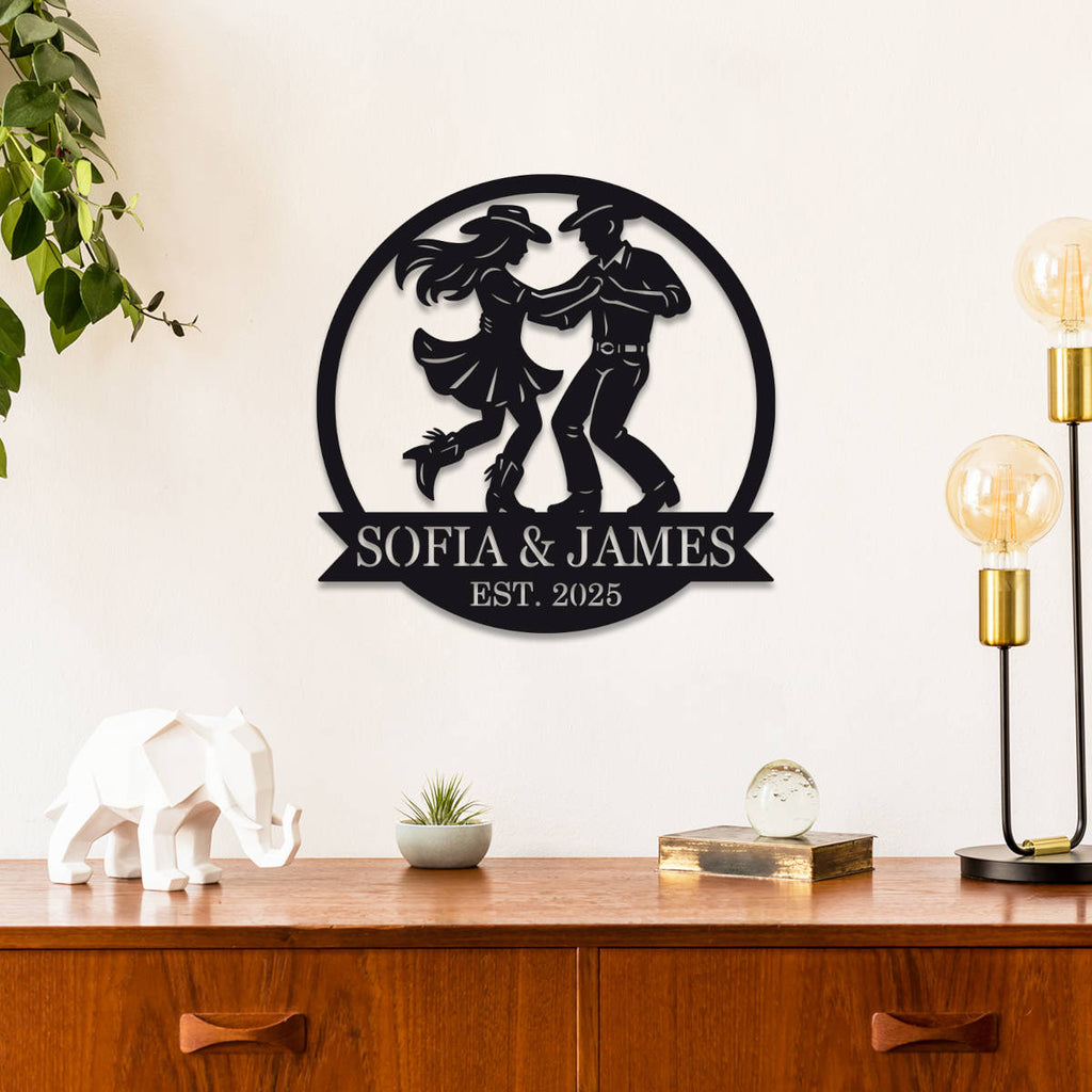 Custom metal wall art featuring a cowboy and cowgirl dancing, personalized with names and date, laser-cut from premium steel with powder-coated finish.