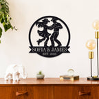 Custom metal wall art featuring a cowboy and cowgirl dancing, personalized with names and date, laser-cut from premium steel with powder-coated finish.