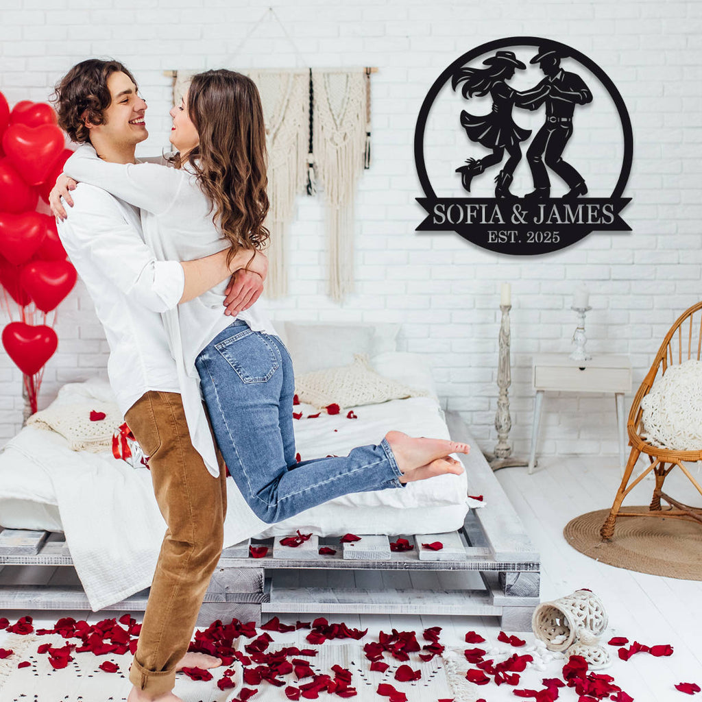 Custom metal wall art featuring a cowboy and cowgirl dancing, personalized with names and date, laser-cut from premium steel with powder-coated finish.