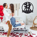 Custom metal wall art featuring a cowboy and cowgirl dancing, personalized with names and date, laser-cut from premium steel with powder-coated finish.