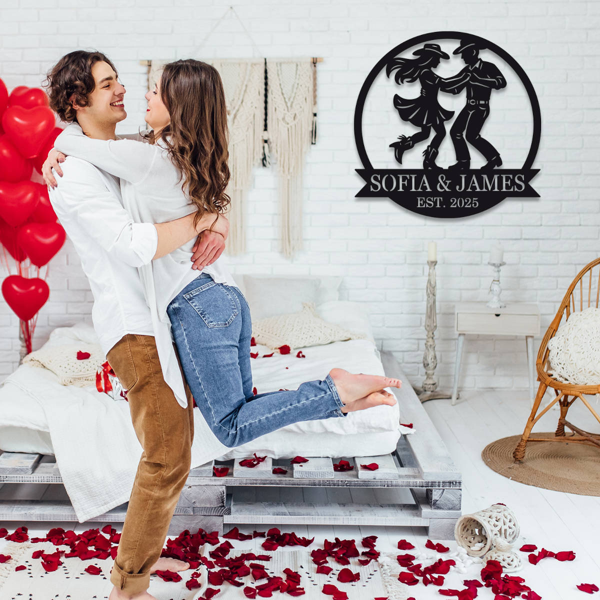 Custom metal wall art featuring a cowboy and cowgirl dancing, personalized with names and date, laser-cut from premium steel with powder-coated finish.