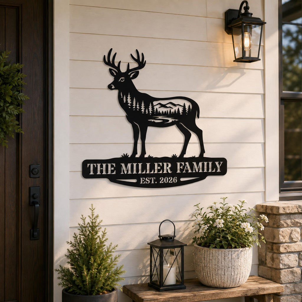 Personalized deer family metal sign displayed on a farmhouse porch wall beside the front door.