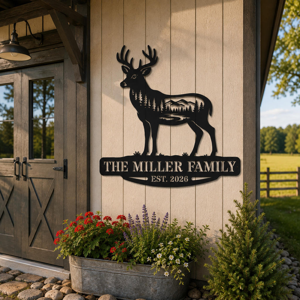 Custom deer family metal sign displayed on a rustic American barn with countryside surroundings.