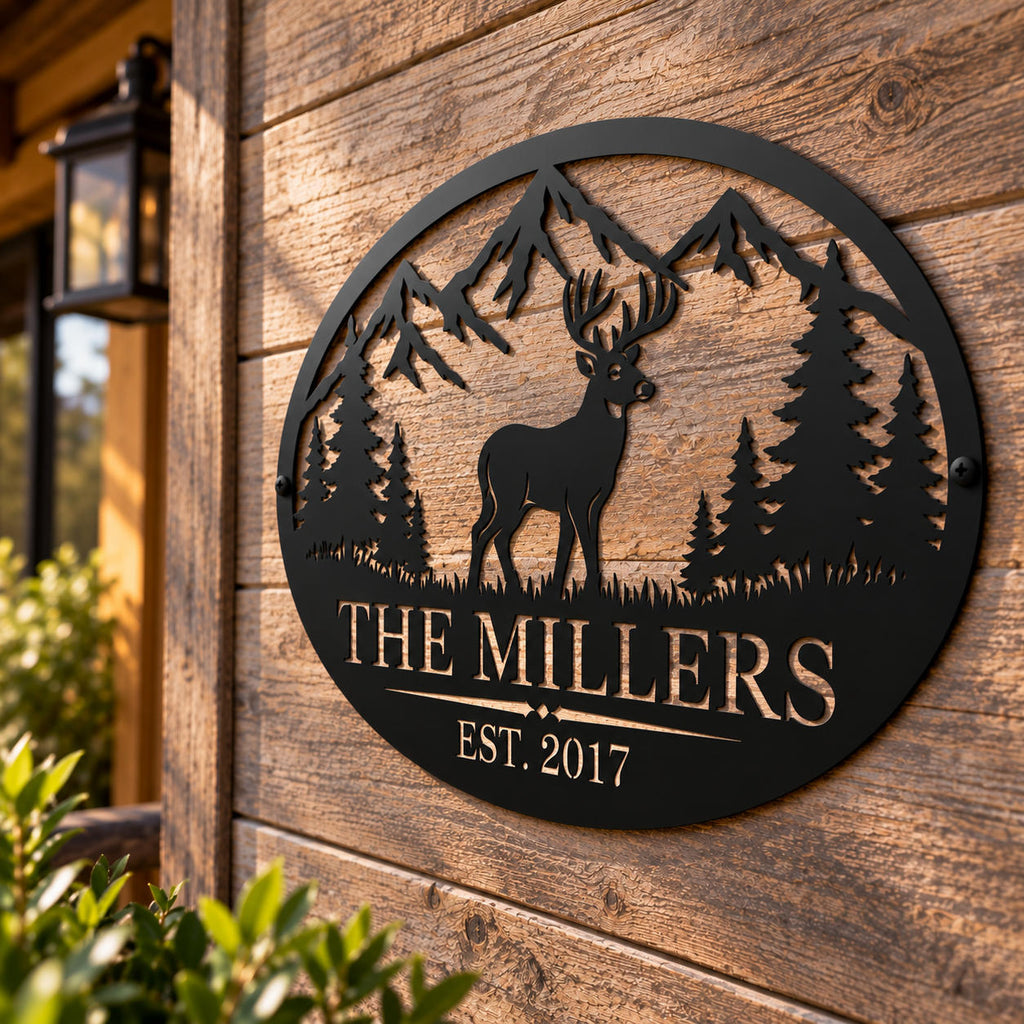 Close-up of a personalized deer family metal sign mounted on a rustic wood wall with black side screws.