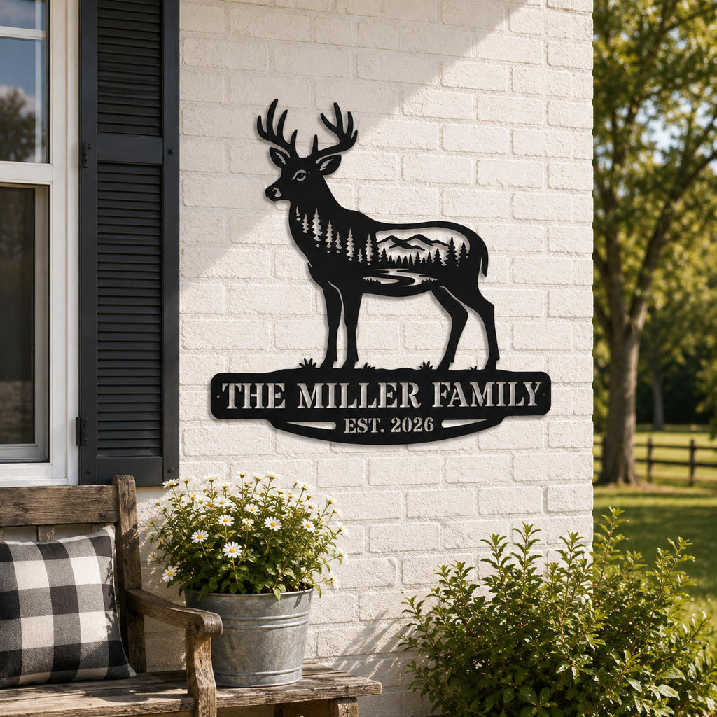 Personalized deer family metal wall sign displayed on a white brick farmhouse exterior with rustic decor.