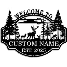 Custom deer forest metal welcome sign with personalized name and established year, featuring wildlife and pine trees in a bold laser-cut steel design